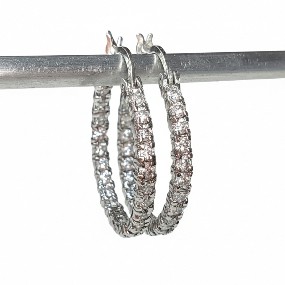 Earrings 1" Hoops 925 Sterling Silver FAB Prong Cubic Zirconia Pierced Vintage - Picture 3 of 8